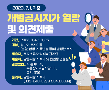 2023. 7. 1. 기준 개별공시지가 열람 및 의견제출
기간: 2023. 9. 4. ~ 9. 25.
대상: 상반기 토지이동(분할, 합병, 지목변경 등)이 발생한 토지
제출자: 토지소유자 및 이해관계인
제출처: 강릉시청 지적과 및 읍면동 민원실
열람방법: 시 홈페이지, 부동산가격공시알리미, 전화, 방문
문의처: 강릉시청 지적과(☎ 033-640-5279, 5648, 5094)