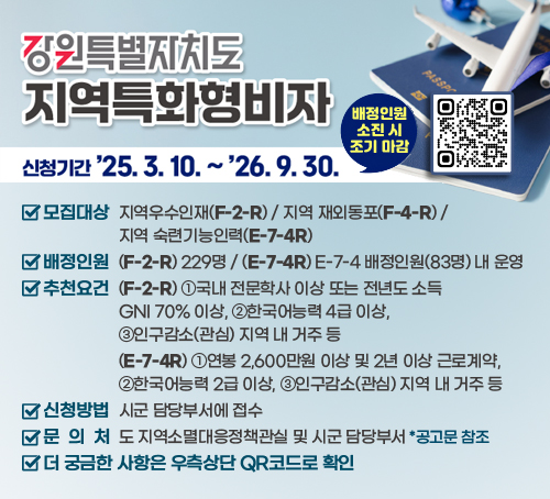 강원특별자치도 지역특화형비자

/신청기간: '25.3.10.~'26.9.30.(배정인원 소진 시 조기 마감)
/모집대상: 지역우수인재(F-2-R) / 지역 재외동포(F-4-R) / 지역 숙련기능인력(E-7-4R)
/배정인원: (F-2-R) 229명 / (E-7-4R) E-7-4 배정인원(83명) 내 운영
/추천요건: (F-2-R) ①국내 전문학사 이상 또는 전년도 소득 GNI 70% 이상, ②한국어능력 4급 이상, ③인구감소(관심) 지역 내 거주 등
(E-7-4R) ①연봉 2,600만원 이상 및 2년 이상 근로계약,②한국어능력 2급 이상, ③인구감소(관심) 지역 내 거주 등
/신청방법: 시군 담당부서에 접수
/문의처: 도 지역소멸대응정책관실 및 시군 담당부서 *공고문 참조
/더 궁금한 사항은 우측상단 QR코드로 확인
QR코드(링크:https://m.site.naver.com/1Erfs)