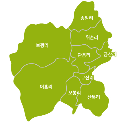 성산면 현황도-보광리, 송암리, 위촌리, 관음리, 금산리, 구산리, 오봉리, 산불리, 어흘리가 있습니다.