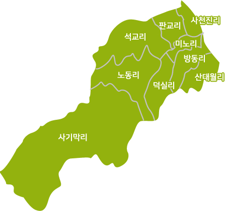 사천면 현황도-사기막리, 노동리,  석교리, 판교리, 사천진리, 미노리, 방동리, 덕실리, 산대월리가 있습니다.