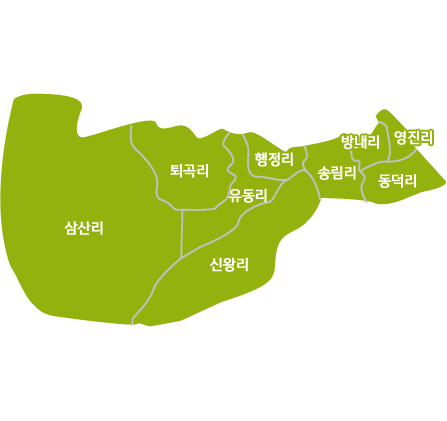 연곡면 현황도-삼산리, 퇴곡리, 유동리, 신왕리, 행정리, 송림리, 방내리, 영진리, 동덕리가 있습니다.