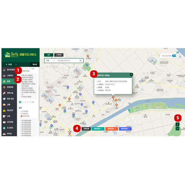 사용자 메뉴얼 설명이미지2 - 지도 : 1.메뉴 클릭 시 지도화면에 위치 마크가 나타남. 2.항목 클릭 시 상세정보 나타남. 3.해당 항목의 상세정보를 보여줌. 4.선택된 카테고리 항목을 표시하며 최대 3개까지 선택가능.
선택 순서에 따라 항목의 색상이 다르게 표시됨.(주황색-파랑색-녹색 순) 삭제 시 1의 지도화면이 비 활성화 됨. 5.클릭시 지도 확대 또는 축소 기능.